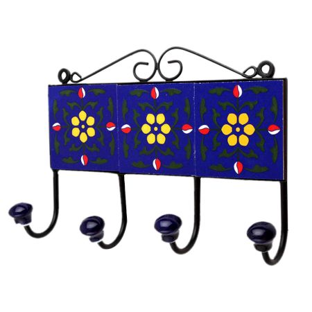 Blue Floral Ceramic Tiles Hooks-454 (Set Of Ine Piece)